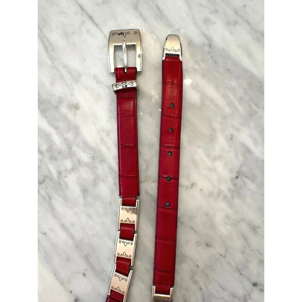 Brighton Red Croc Embossed Leather Belt Silver Scroll Link Hardware 41